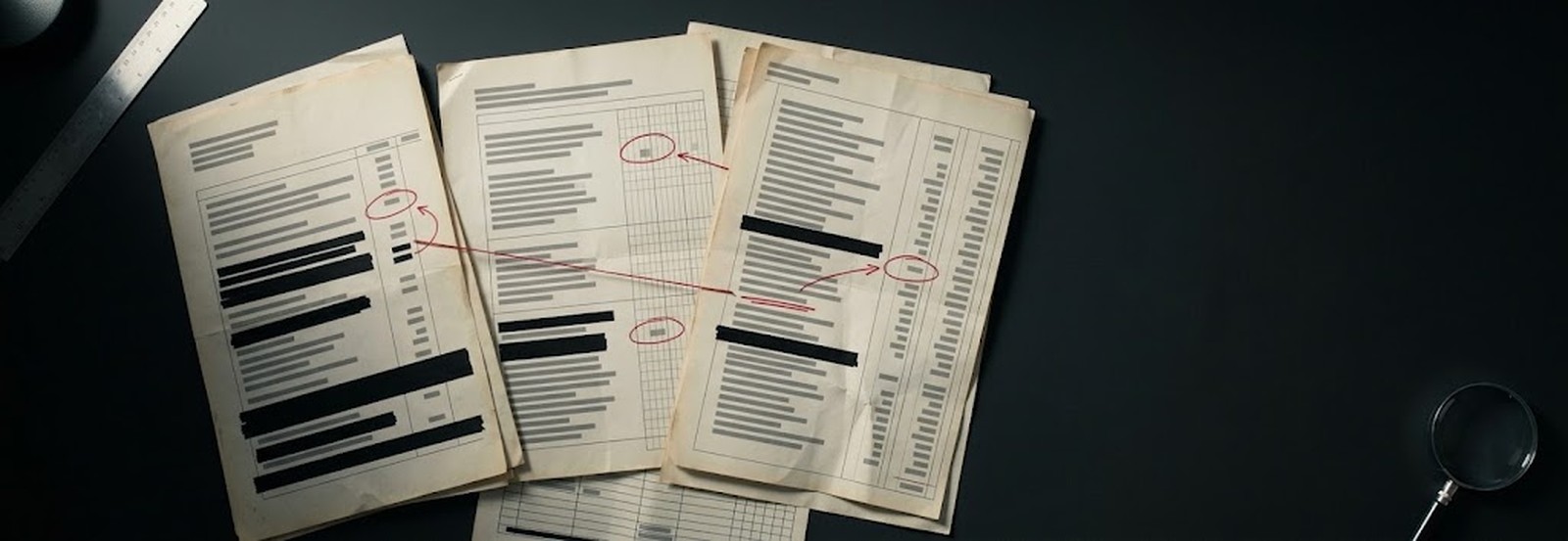 Accounting papers on a dark desk, rows redacted with black bars, red circles and arrows linking entries across the pages